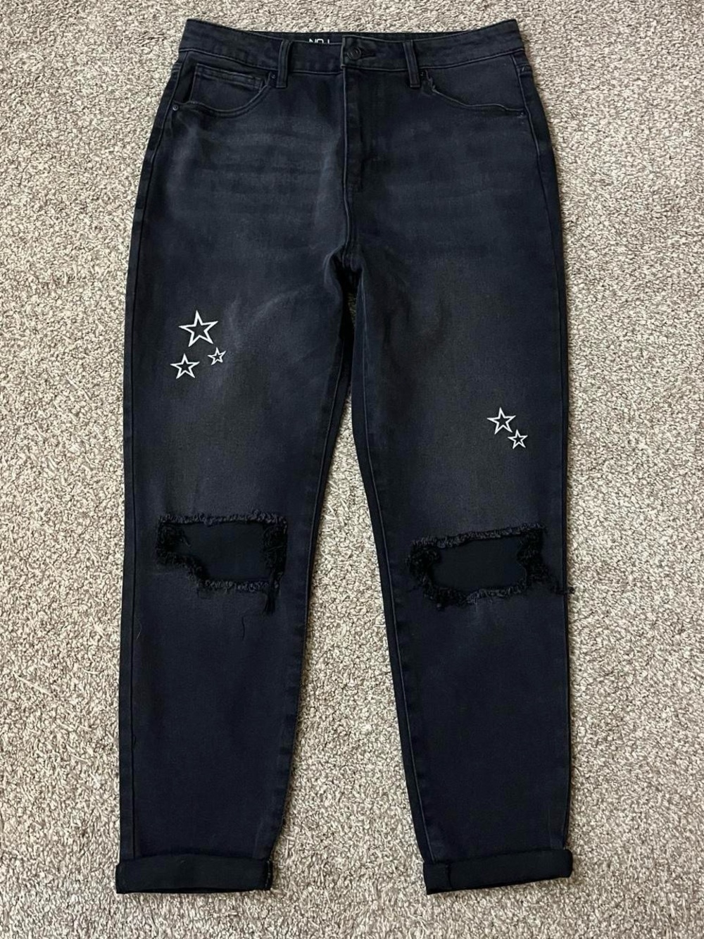 No Boundaries Jeans Womens 13 Black Embroidered Stars Distressed Straight Leg